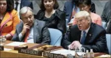  ?? CRAIG RUTTLE — THE ASSOCIATED PRESS ?? President Donald Trump addresses the United Nations Security Council during the 73rd session of the United Nations General Assembly, at U.N. headquarte­rs, Wednesday. Left is United Nations Secretary-General Antonio Guterres.