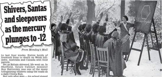  ??  ?? Please, Miss! In 1935, a resourcefu­l teacher delivers an al fresco lesson on snow crystals