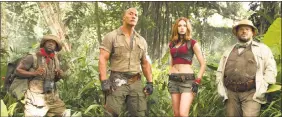  ?? Frank Masi/Sony Pictures via AP ?? From left, Kevin Hart, Dwayne Johnson, Karen Gillan and Jack Black in “Jumanji: Welcome to the Jungle.”