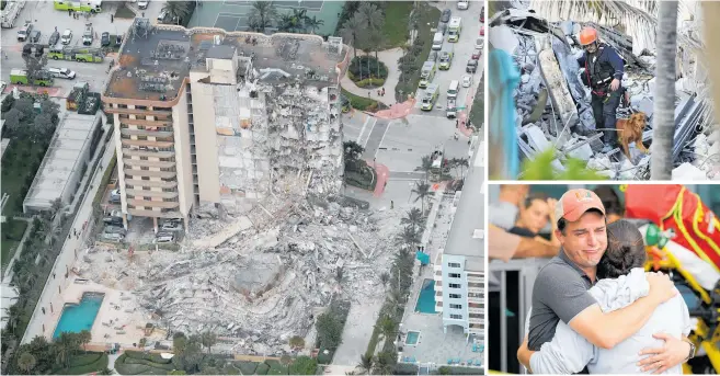  ?? Photo / AP ?? A wing of the 12-storey building in the community of Surfside, Florida, collapsed about 1.30am local time. Dozens of survivors have been rescued but many more are still missing.