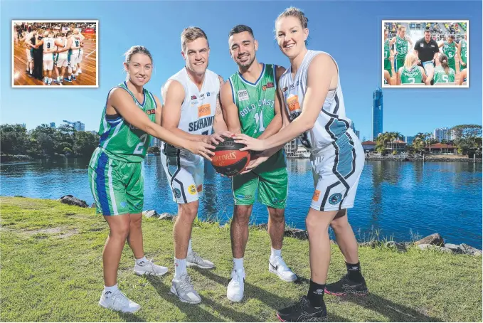  ?? Main picture: TIM MARSDEN ?? Seahawks players (white) Robert Linton and Casey Samuels with Rollers pair Jaze Morris and Susannah Walmsley. And (inset) the teams in action this season.