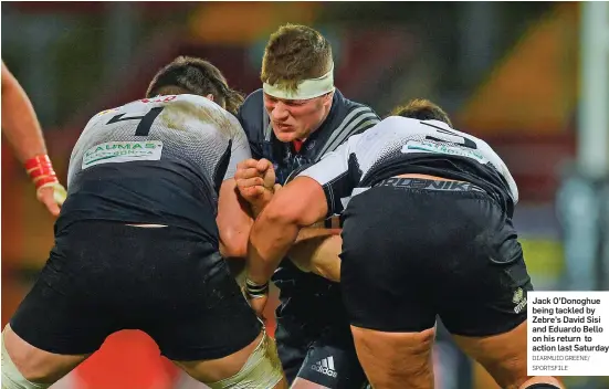  ?? DIARMUID GREENE/ SPORTSFILE ?? Jack O’Donoghue being tackled by Zebre’s David Sisi and Eduardo Bello on his return to action last Saturday