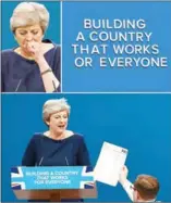  ?? PAUL ELLIS AND OLI SCARFF/AFP ?? British Prime Minister Theresa May’s speech was blighted by a coughing fit, falling letters and a protester.