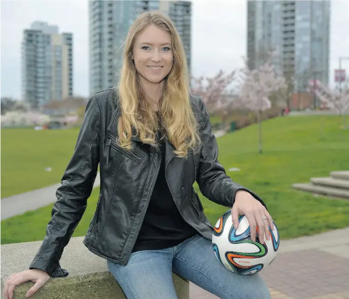  ?? CRAIG MACEWEN/SPECIAL TO POSTMEDIA NEWS ?? Ashleigh McIvor-DeMerit, who won ski cross gold at the 2010 Olympic Games, became interested in soccer after seeing a season opener the first year the Vancouver Whitecaps were part of MLS. She later married former Whitecap Jay DeMerit.