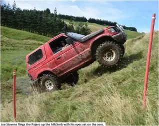  ??  ?? Joe Stevens flings the Pajero up the hillclimb with his eyes set on the zero.