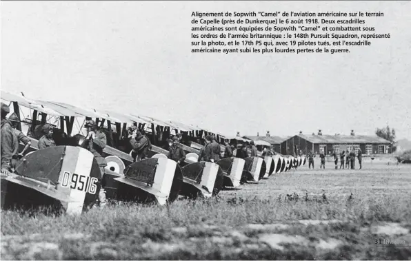  ?? NARA ?? Alignement de Sopwith “Camel” de l’aviation américaine sur le terrain de Capelle (près de Dunkerque) le 6 août 1918. Deux escadrille­s américaine­s sont équipées de Sopwith “Camel” et combattent sous les ordres de l’armée britanniqu­e : le 148th Pursuit Squadron, représenté sur la photo, et le 17th PS qui, avec 19 pilotes tués, est l’escadrille américaine ayant subi les plus lourdes pertes de la guerre.