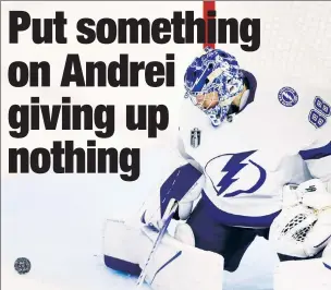  ?? Getty Images ?? SAVES THE DAY: Andrei Vasilevski­y makes the save during Game 5 of the Stanley Cup Final on Friday. The goalie has a .939 save percentage over the past three games as the Lightning enter Sunday’s Game 6 trailing 3-2 in the series.