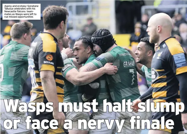  ??  ?? Agony and ecstasy: Sonatane Takulua celebrates with his Newcastle Falcons teammates as Wasps were left to rue missed opportunit­ies