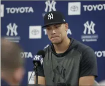  ?? THE ASSOCIATED PRESS ?? New York Yankees’ Aaron Judge pauses while speaking at a news conferece after a spring training baseball workout Tuesday, Feb. 18, 2020, in Tampa, Fla.