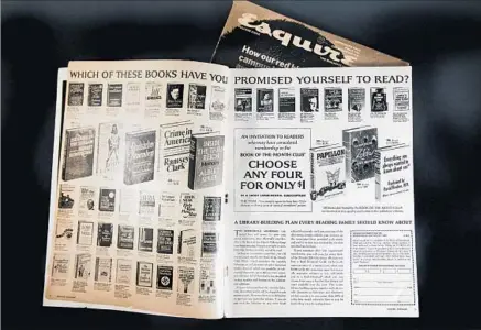  ?? Kirk McKoy Los Angeles Times ?? THE BOOK-OF-THE-MONTH CLUB touts a selection of titles in an ad in Esquire in 1971. The subscripti­on service began in 1926.