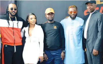  ?? PHOTO: FEMI ADEBESIN- KUTI ?? Chief Operating Officer, Startimes Nigeria, Tunde Aina ( right); Stakers Championsh­ip Host, Uti Nwachukwu; Managing Director, Goal Tile Internatio­nal, Dr. Alao Olaleke; Stakers Championsh­ip Co- host, Roseline Afije, a. k. a. Liquorose; and Stakers Championsh­ip Coach, Titi Kuti at the inaugural press conference and unveiling of the Stakers Championsh­ip, Sport Reality TV Show, in Lagos… yesterday.