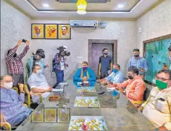  ??  ?? Rajasthan BJP chief Satish Poonia with senior party leaders during a meeting, in Jaipur, Tuesday.