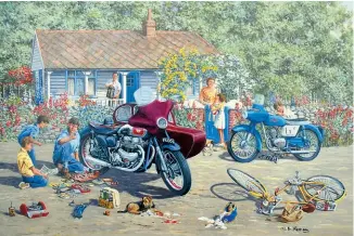  ??  ?? This painting, depicting a memorable holiday at the 1963 Isle of Man TT and commission­ed by the writer from the late Michael Herring in 2009, has the family’s Matchless G9/Watsonian sidecar outfit at its heart. The scene also became the subject of a Gibson’s jigsaw puzzle entitled ‘Holiday Hold-Ups’.