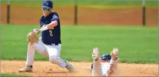  ?? KYLE FRANKO — TRENTONIAN PHOTO ?? Nottingham shortstop Jordan Raba, left, goes to apply a late tag on Voorhees’ Owen McComb during a Central Group II quarterfin­al baseball game on Friday afternoon.