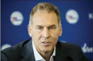  ?? MATT ROURKE — THE ASSOCIATED PRESS ?? In this May 11, 2018, file photo, Philadelph­ia 76ers President of Basketball Operations Bryan Colangelo speaks with members of the media during a news conference at the NBA basketball team’s practice facility in Camden, N.J.