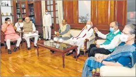  ?? PTI ?? Lok Sabha Speaker Om Birla meeting leaders of all the parties, including Congress president Sonia Gandhi, in New Delhi on Wednesday. PM Narendra Modi also attended the meeting.