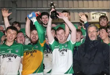  ??  ?? Non-playing Cloughbawn captain Lee Keeley raises the cup after receiving it from Rory Murphy.