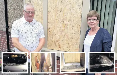  ??  ?? Patrick and Liz McGinley outside their home after the vandal attack and (inset) some of the damage to their home and cars