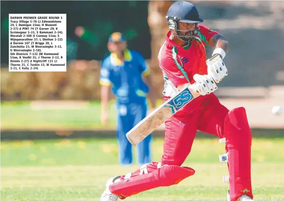  ?? Picture: GLENN CAMPBELL ?? Waratah’s Sanka Wijegunara­thne looks to drive through cover during his 37 off 84 balls in his team’s big eight-wicket win over Darwin