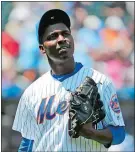  ?? SETH WENIG/ AP PHOTO ?? New York Mets pitcher Rafael Montero looks up as he leaves the field during the second inning of Wednesday’s afternoon game against the Texas Rangers at Citi Field.