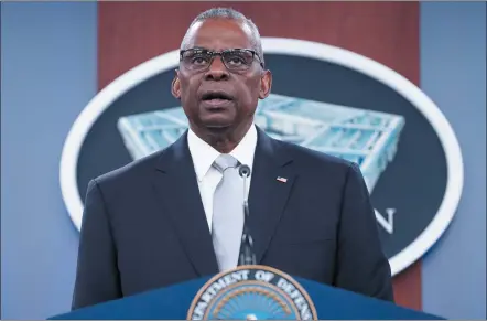  ?? KEVIN WOLF — THE ASSOCIATED PRESS ?? Defense Secretary Lloyd Austin speaks during a Pentagon press briefing at the Pentagon on Feb. 1, in Washington.