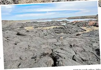  ??  ?? No ordinary desert reservoir: (From top) Beach your canoe on the west side of upper Cow Lake in eastern Oregon and hike the lava rock; remnants of ancient lava flows with their black and gray swirls, trenches and pinnacles at the edge of Oregon’s Cow...