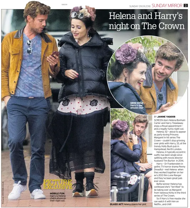  ??  ?? PICTURE EXCLUSIVE MOBILE FUN Harry &amp; Helena check phone on their night out GRIN-CESS Harry’s gag amuses star GLASS ACT Helena downs her pint