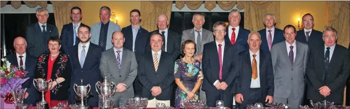  ??  ?? The prizewinne­rs with national president Kathleen Watson, who is from Killurin, at the dinner in the Riverbank House Hotel in Enniscorth­y. The Wicklow Man provided the entertainm­ent on the night.