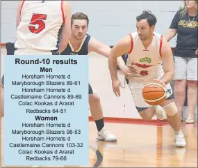  ??  ?? Men Women STRONG: Horsham Hornets coach Cam Bruce drives around Maryboroug­h opponent Dale Hickey during his side’s 28-point win over the Blazers on Saturday night. Picture: PAUL CARRACHER