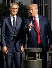  ?? DOUG MILLS / THE NEW YORK TIMES ?? President Donald Trump escorts NATO Secretary General Jens Stoltenber­g into the U.S. Embassy in Brussels on Wednesday.