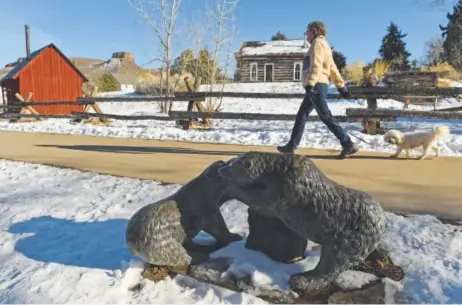  ??  ?? A pedestrian and a pooch pass a sculpture Bear with Two Cubs along the Clear Creek Trail in Golden. The sculpture was placed there in 2004. Photos by Helen H. Richardson, The Denver Post