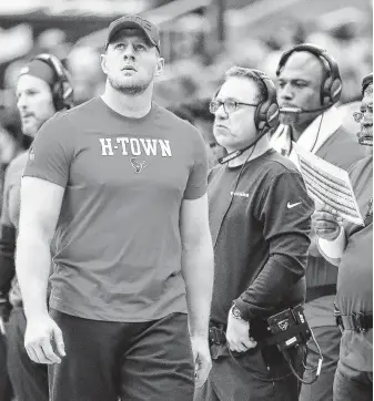  ?? Karen Warren / Staff photograph­er ?? Texans defensive end J.J. Watt is making steady progress from a torn pectoral muscle and could be designated for return from injured reserve.