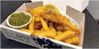  ??  ?? Bit of a squeeze? A small portion of fish and chips in a new Lite-BITE takeaway meal box