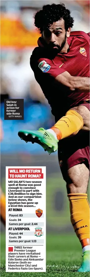  ?? GETTY IMAGES ?? Old boy: Salah in action for former side Roma