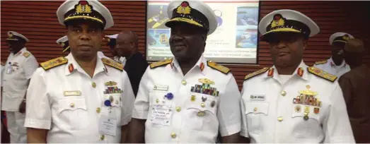  ??  ?? L-R: Hydrograph­er of the navy, Commodore Emeka Okafor; Flag Officer Commanding Western Naval Command and Naval Training Command, Rear Admirals Slyvanus Abbah and Obi Ofodile, respective­ly, at the World Hydrograph­y Day in Lagos