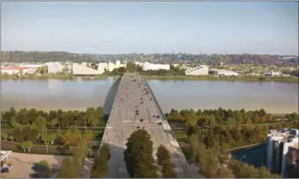  ??  ?? Image de synthèse du projet du pont Simone-Veil, qui reliera Bègles à Floirac, au niveau de Bordeaux Métropole Arena.