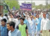  ?? HT PHOTO ?? Dalits held a rally on March 19 from Bhiwadi modh to Phool Bagh police station.