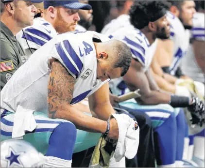  ?? ASSOCIATED PRESS PHOTO/DAVID GOLDMAN ?? Even Dallas Cowboys quarterbac­k Zac Dysert (4) was feeling the misery as he sat on the bench during the second half of the Cowboys’ loss to the Atlanta Falcons Sunday.