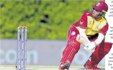  ?? CWI MEDIA PHOTO ?? West Indies batsman Shimron Hetmyer in action during his top-score 28 against Pakistan in a ICC T20 World Cup warm-up match yesterday at the ICC Academy in Dubai.