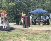  ?? RACHEL RAVINA — MEDIANEWS GROUP ?? Former state representa­tive Kate Harper, co-chair of the park committee, addresses attendees of the dedication of the Korean War Memorial and American-Korea Alliance Peace Park in North Wales on Saturday morning.