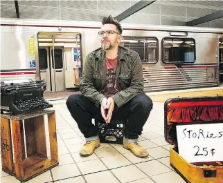  ?? PHILOMEL BOOKS ?? Bestsellin­g author Drew Daywalt, whose new book is titled The Legend of Rock Paper Scissors, takes up a tongue-in-cheek busker’s position in the subway.