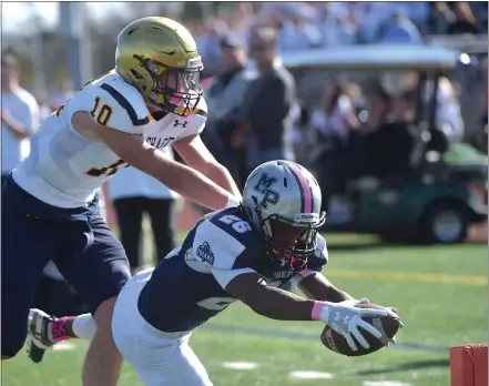  ?? PETE BANNAN — MEDIANEWS GROUP ?? Malvern Prep’s Isaiah Wright (26) dives to the pylon for a touchdown in the second quarter as Penn Charter’s Colin Schumm is too late.