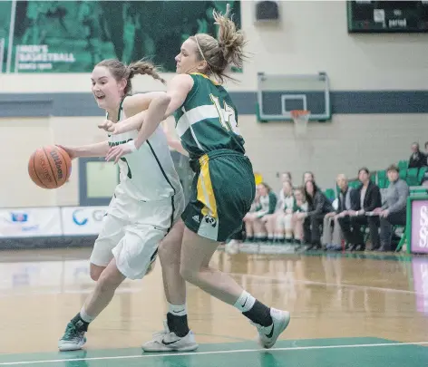  ?? KAYLE NEIS ?? U of S Huskies guard Megan Ahlstrom moves the ball around Alberta Pandas forward Mackenzie Cook at the PAC Centre in Saskatoon Friday.