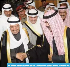  ??  ?? HH Sheikh Sabah receives HH the Crown Prince Sheikh Nawaf Al-Ahmad AlJaber Al-Sabah at the Amiri airport terminal yesterday. — KUNA