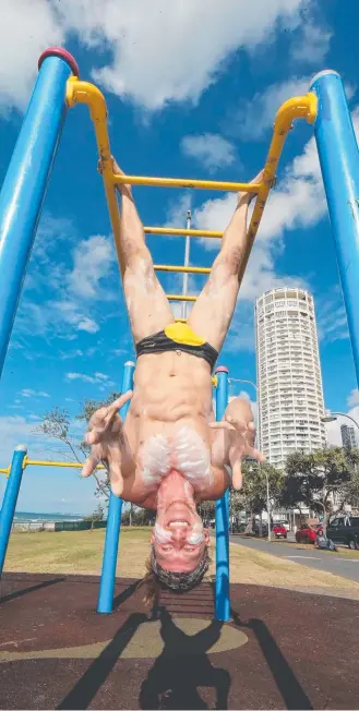  ?? Picture: MIKE BATTERHAM ?? Australian Ninja Warrior contestant and Indigenous Marathon Foundation ambassador Jack Wilson dons the budgie smugglers and does his thing in Surfers Paradise.