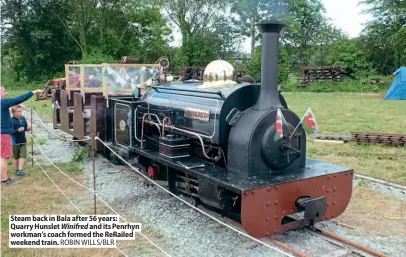  ??  ?? Steam back in Bala after 56 years: Quarry Hunslet Winifred and its Penrhyn workman's coach formed the ReRailed weekend train. ROBIN WILLS/BLR