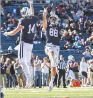  ?? Yale Athletics / Contribute­d photo ?? Yale’s Reed Klubnik, left, and JP Shohfi celebrate during Saturday’s win over Columbia.