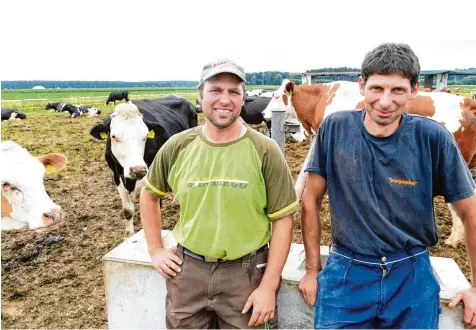  ?? Foto: Bernhard Weizenegge­r ?? Über 200 Milchkühe sind nach dem Brand des Stalls von Martin Stadler (rechts) aus Wattenweil­er am Freitag vorübergeh­end auf dem Anwesen des befreundet­en Landwirts Matthias Sauter (links) in Oxenbronn untergekom­men. Mit einem provisoris­chen Melkstand,...