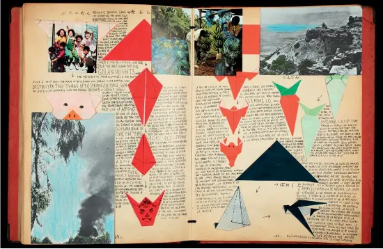  ??  ?? « Scrapbook ». 2015. Livre trouvé, collages, écritures. 30,4 x 21,8 cm, vidéo, 48’. Vue de l’exposition à la galerie Alexandra de Viveiros, Paris, 2016. (Ph. A. Sunderland).
Book, collages, writings