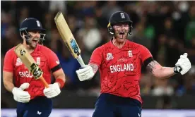  ?? Photograph: Joel Carrett/EPA ?? Ben Stokes (right) celebrates after his unbeaten 52 in the T20 World Cup final powered England to their target.